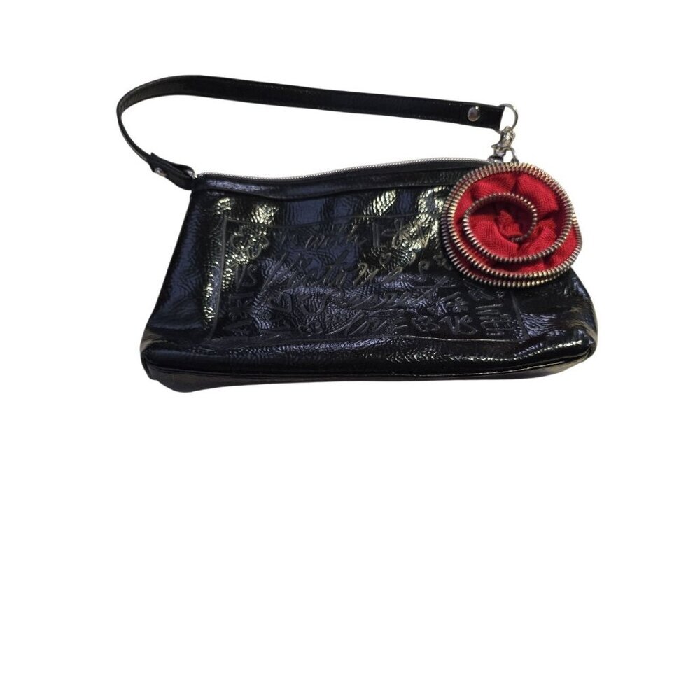 Victoria's Secret Black Patent Mini Wristlet With Red Rose 8.5LX 5T 2D